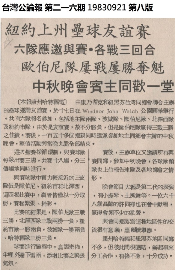 紐約上州壘球友誼賽 (台灣公論報 第二一六期 19830921 第八版)